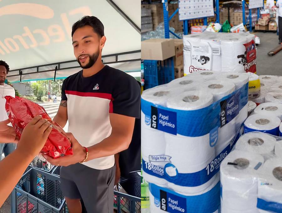 En la imagen se ve a Didier Moreno y Jeison Medina recibiendo donaciones para los afectados por el terremoto. FOTO: Captura de video
