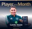 La imagen que publicó la Liga escocesa con Camilo Durán como el mejor jugador del mes de agosto. FOTO @spfl