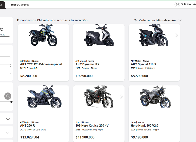 Tu360Movilidad reúne más de 200 modelos de motocicletas disponibles para los colombianos. FOTO: CAPTURA DE PANTALLA