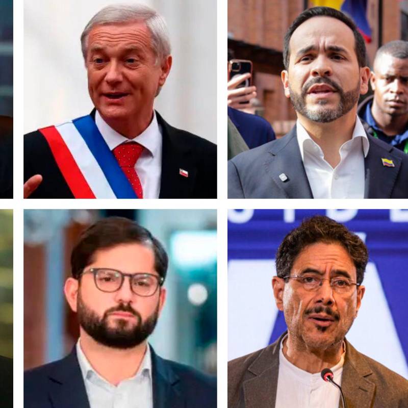 Arriba: los presidentes de Argentina, Javier Milei; de Chile, José Antonio Kast, y el candidato presidencial de Colombia, Abelardo de la Espriella. Abajo: los expresidentes de Argentina, Alberto Fernández; de Chile, Gabriel Boric, y el candidato Iván Cepeda. FOTO COLPRENSA Y AFP