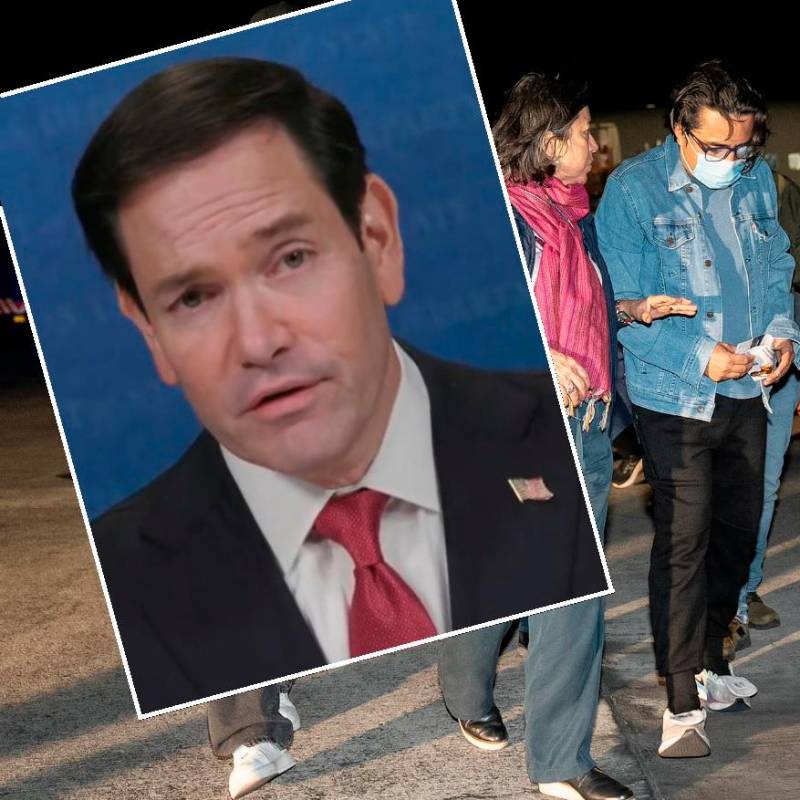 A su llegada a Colombia, Beto Coral fue recibido por la canciller Rosa Villavicencio; en el recuadro, el secretario de Estado de EE.UU., Marco Rubio, quien recomendó su deportación. FOTOS: CORTESÍA CANCILLERÍA Y @SecRubio.