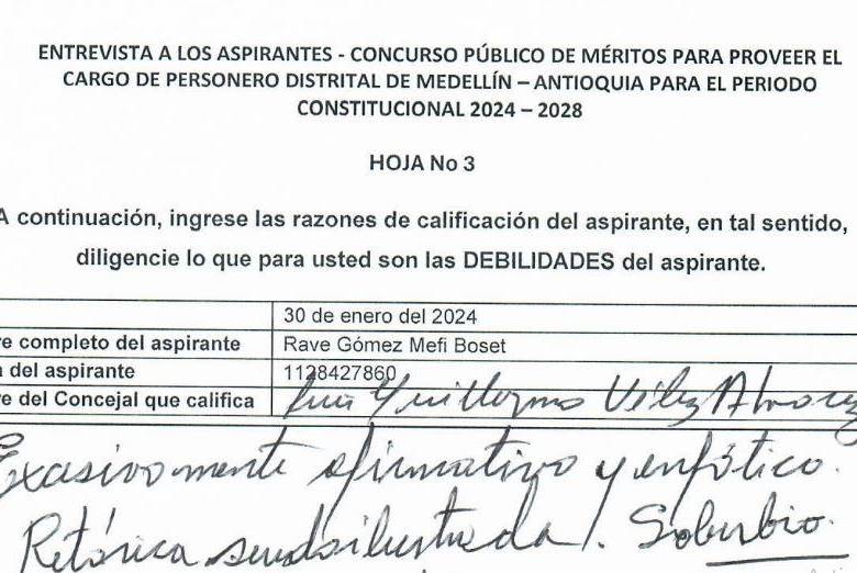 Calificación de debilidades que el concejal Vélez hizo sobre el candidato Mefi Rave.