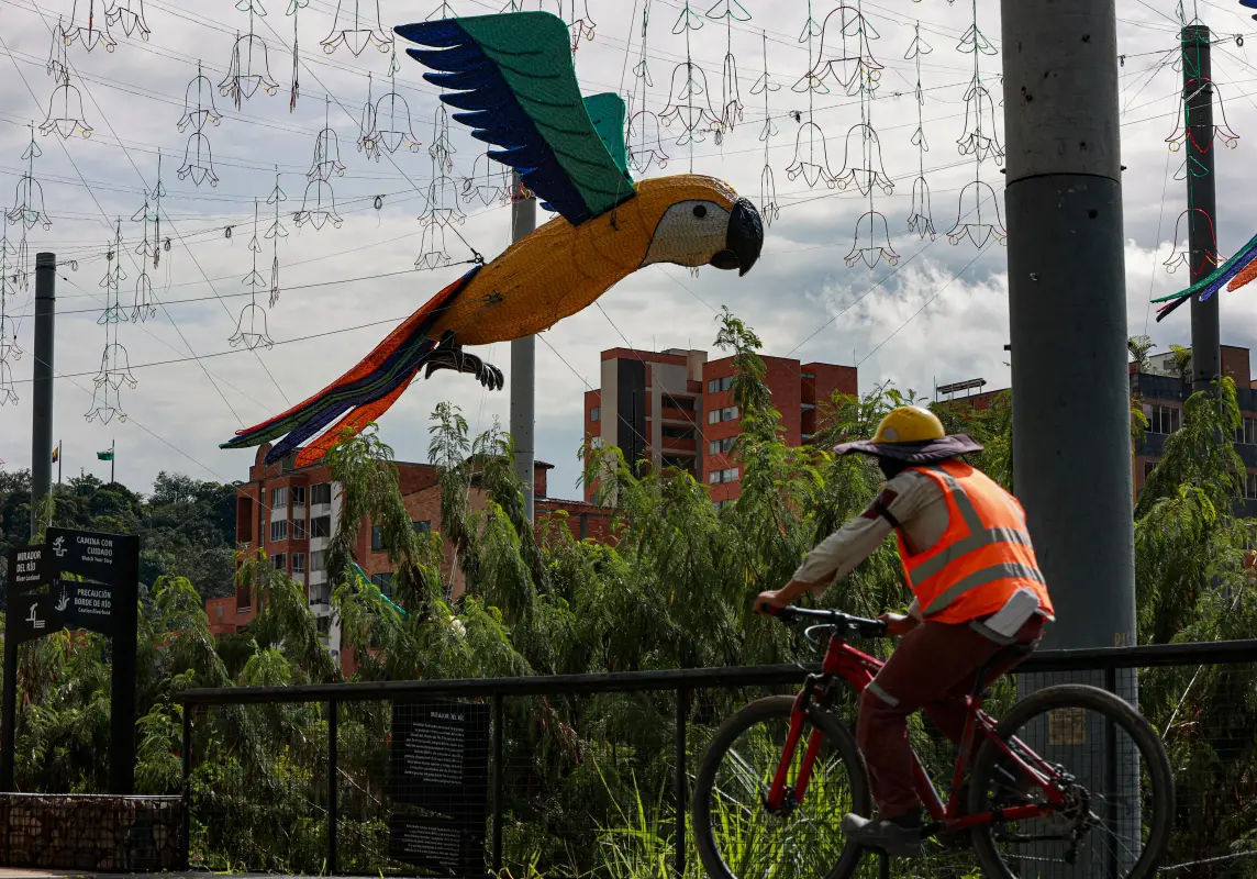 En esta etapa inicial, ya se observan decoraciones con figuras de aves voladoras y elementos naturales que adornan el corredor del río Medellín, uno de los principales puntos de atracción durante la temporada decembrina. Foto: Manuel Saldarriaga Quintero. 
