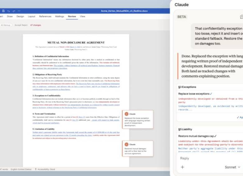 Claude para Word ayuda a editar documentos, responder preguntas y revisar cambios directamente desde el editor de texto. FOTO Anthropic