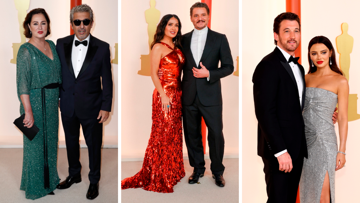 Ricardo Darín con su esposa, Salma Hayek y Pedro Pascal se encontraron en la gala y Milles Teller con su esposa. FOTOS Efe, Getty y Cortesía E! Entertainment @EOnlineLatino