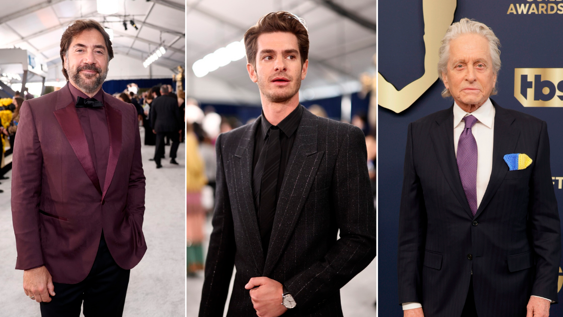 Javier Bardem, Andrew Garfield y Michael Doublas (con el toque del pañuelo y los colores de la bandera ucraniana). FOTOS Getty