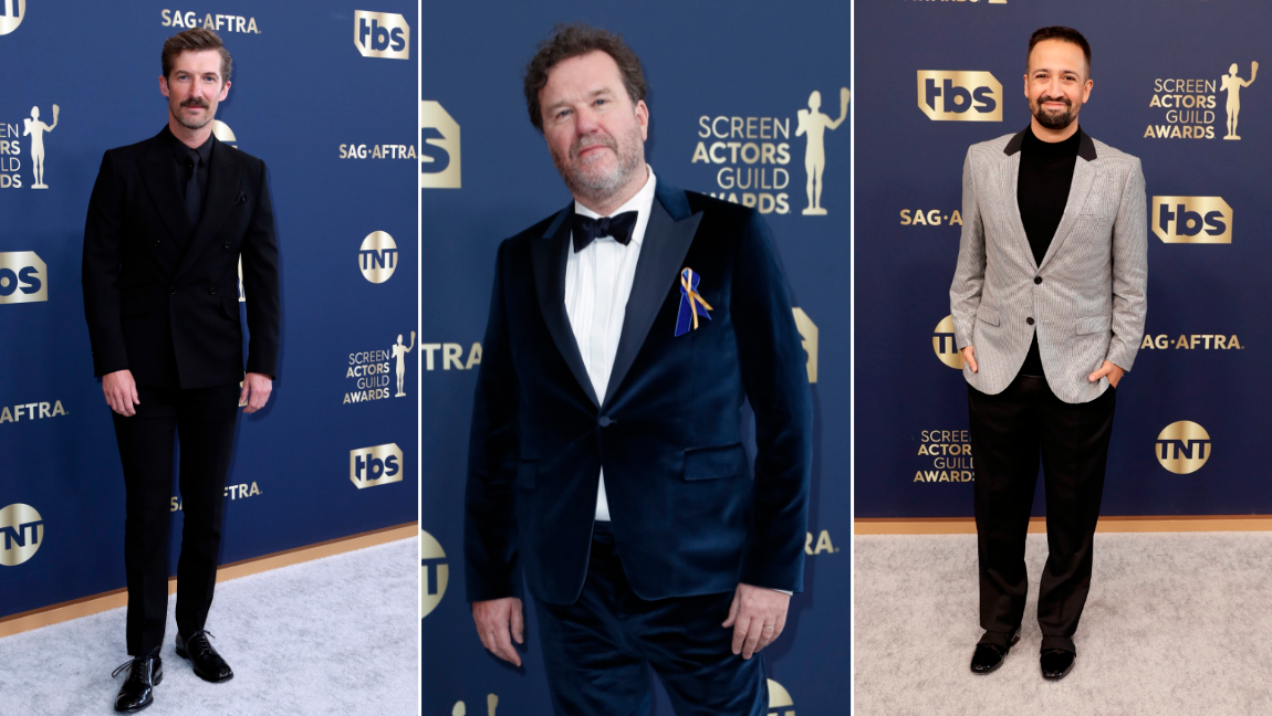 Gwilym Lee (recordado por Bohemian Rhapsody), Douglas Hodge de The Great con su lazo en apoyo a Ucrania y Lin-Manuel Miranda. FOTOS Efe y Getty