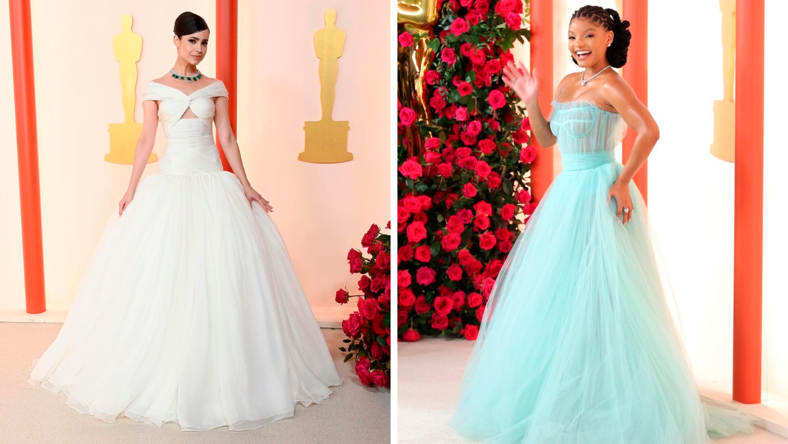 Vestidas como princesas Sofia Carson en Giambattista Valli Couture y Halle Bailey en Dolce & Gabbana. FOTOS Cortesía E! Entertainment @EOnlineLatino