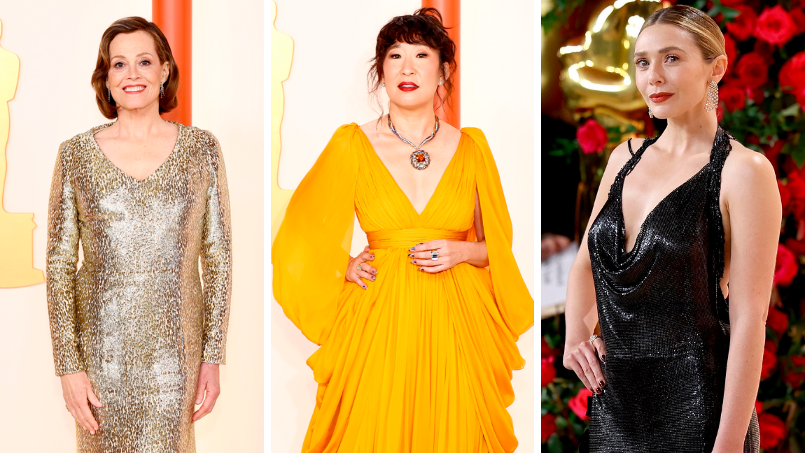 Detalles de los trajes de Sigourney Weaver, Sandra Oh y Elizabeth Olsen. FOTOS Cortesía E! Entertainment @EOnlineLatino