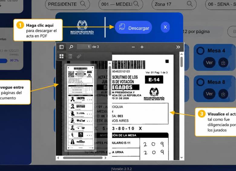 Captura de pantalla editada con fines pedagógicos para explicar el paso a paso de la consulta de las actas E-14 en la plataforma de la Registraduría. 