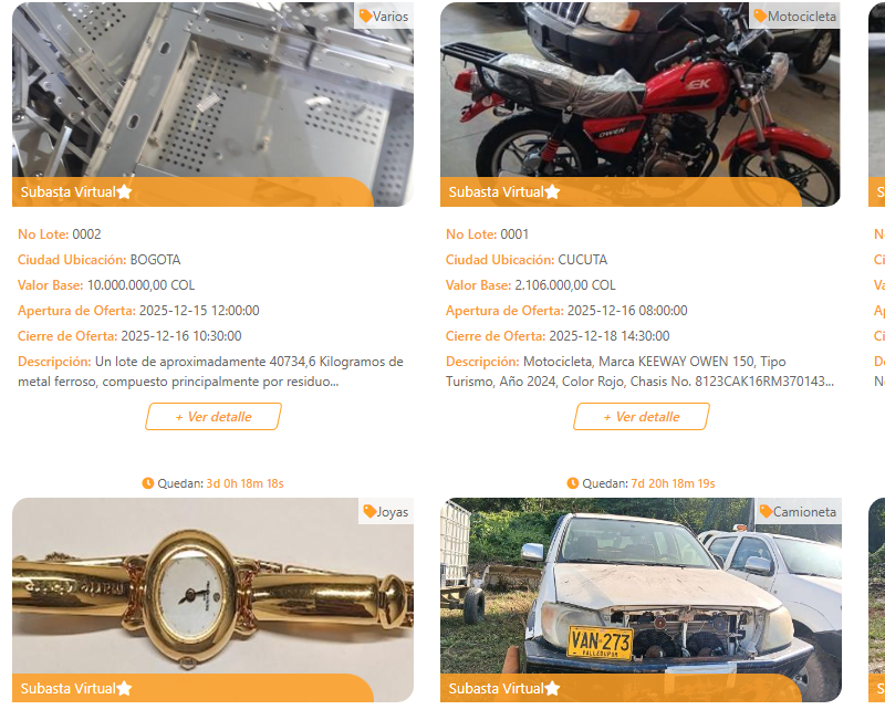 La Dian realiza constantemente remates o subastes de bienes. FOTO captura de pantalla. 