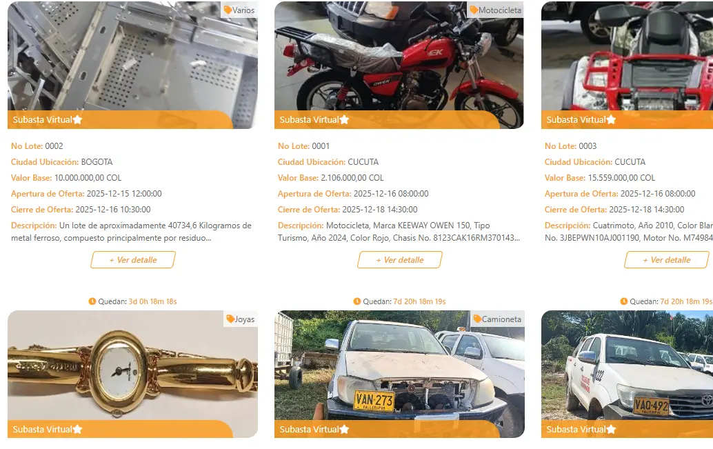 La Dian realiza constantemente remates o subastes de bienes. FOTO captura de pantalla. 