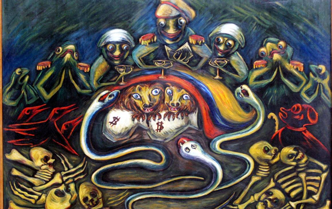 “Rojas Pinilla” (1953–1957), óleo sobre lienzo, de Débora Arango. Este es uno de los dos cuadros que el Museo de Arte de Moderno de Medellín pretendía vender al Banco de la República. 