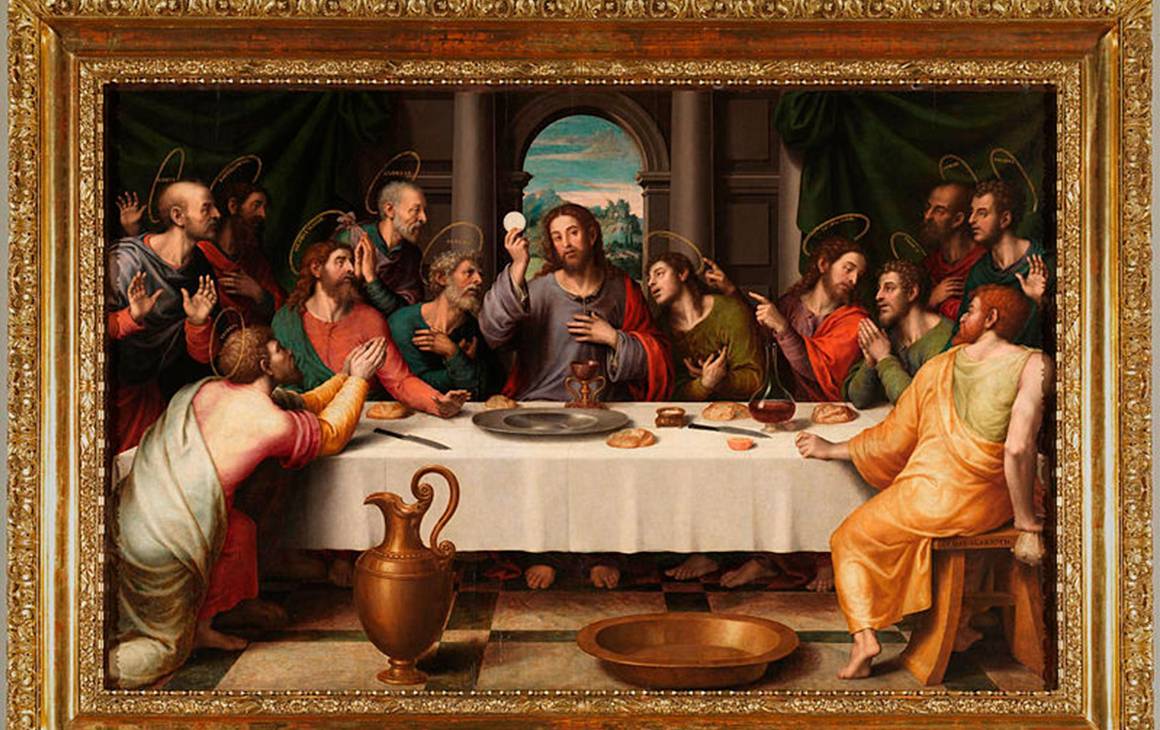 Última cena, obra de Juan de Juanes. Siglo XV. En ella aparece el cáliz de Valencia. Colección de Museo del Prado.