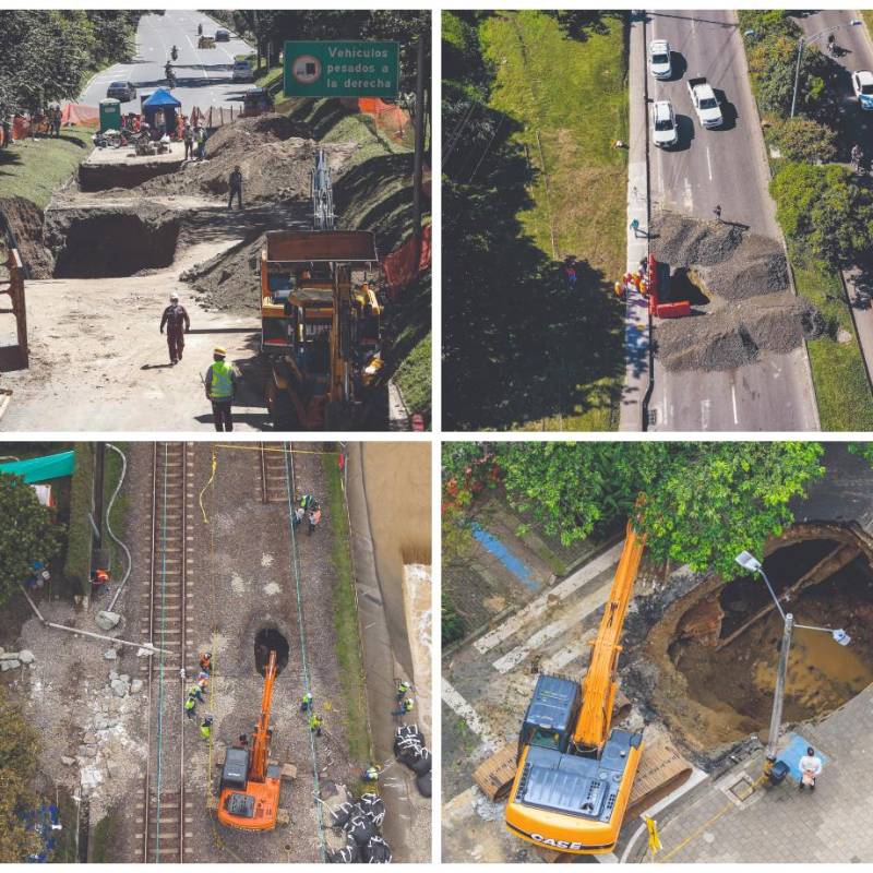 Arriba: socavación que apareció en la Regional en agosto de 2022 y el hundimiento súbito que se presentó sobre la avenida Paralela en mayo de 2023. Abajo: el hueco que apareció en la línea férrea del metro, cerca a la 4 Sur en octubre de 2025; y el boquete en la Av. El Poblado tras colapso de la cobertura de la quebrada La Presidenta esta semana. FOTOS Camilo Suárez y Manuel Saldarriaga