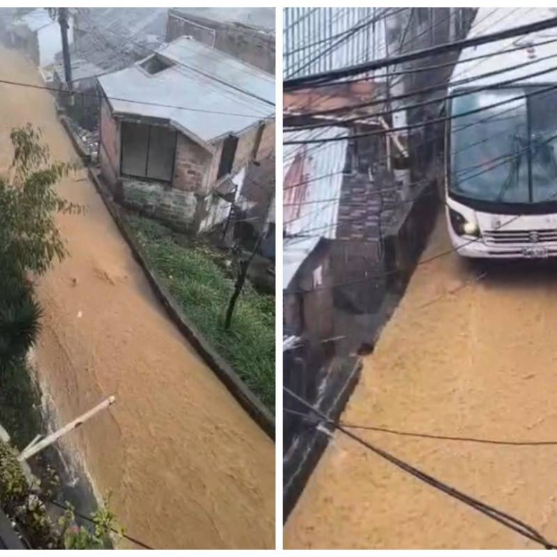 Así se inundaron las calles de Manrique Oriental producto de las fuertes lluvias en Medellín. FOTO Denuncias Antioquia.