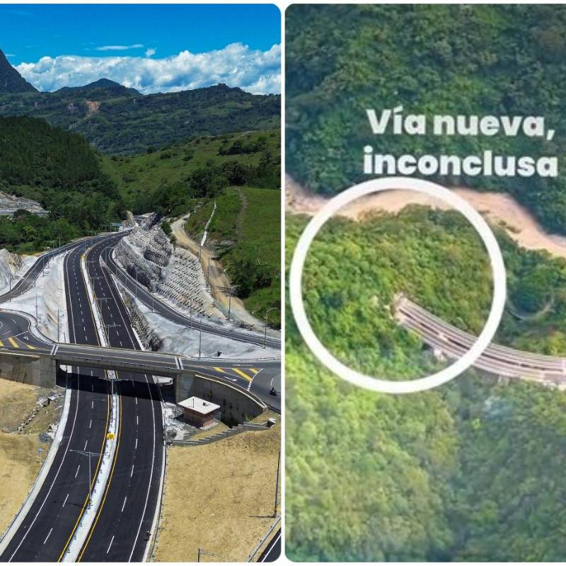 Pese a ya estar casi terminada, Pacífico 1 todavía está pendiente de concluir un tramo crítico en el sector de La Sinifaná, afectado por un derrumbe en 2019. FOTOS: Manuel Saldarriaga y Cortesía Gobernación de ANtioquia