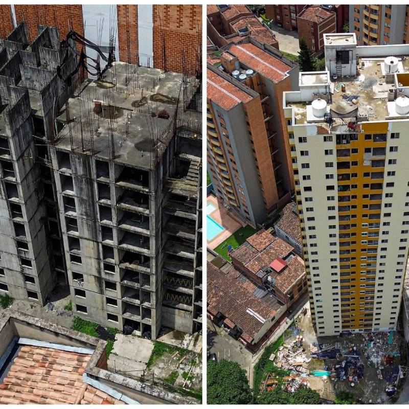 La foto de la izquierda corresponde a las dos torres de Santa Ana, que tienen un avance de obra del 36%; en la imagen de la derecha el edificio San Joaquín, el cual, según el Fovis, se entregaría a finales de marzo de este año. FOTOS Manuel Saldarriaga.