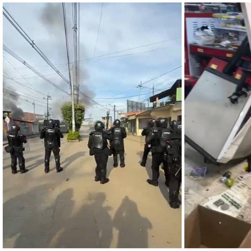 A la izquierda, la intervención de la Fuerza Pública en el Bagre ante los desmanes de las manifestaciones; a la derecha, un supermercado saqueado en Caucasia. IMÁGENES TOMADAS DE REDES SOCIALES.