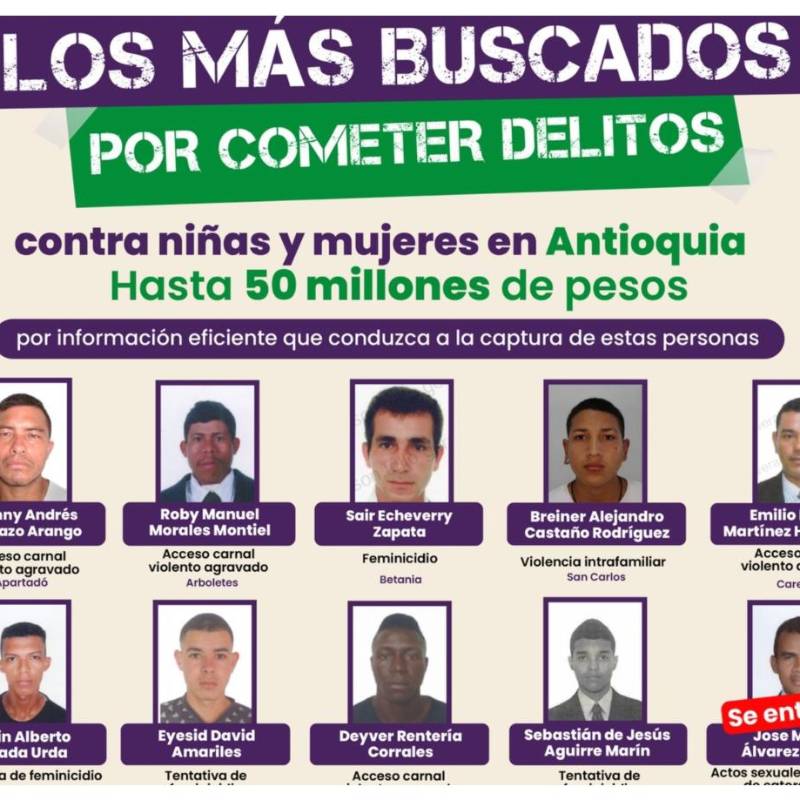 Algunos de los rostros más buscados en el departamento tras cometer delitos contra niñas y mujeres. FOTO: Cortesía Gobernación de Antioquia 