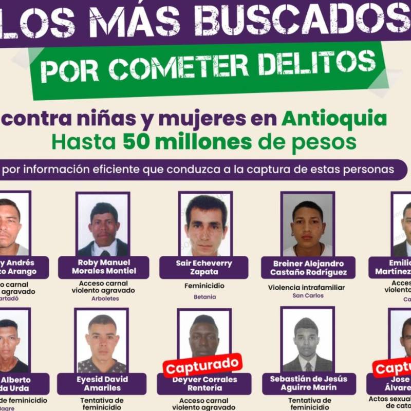 Estos son algunos de los más buscados y otros que ya han sido capturados por los delitos de este tipo en Antioquia. FOTO Gobernación de Antioquia. 