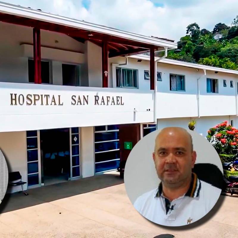 El hospital San Rafael, de Andes, está en una situación financiera difícil a la que se une el problema jurídico originado desde que el alcalde, Germán Vélez, le aceptó la renuncia al director Luis Fabián Otero (der.). FOTOS: Tomadas de redes sociales y captura de video