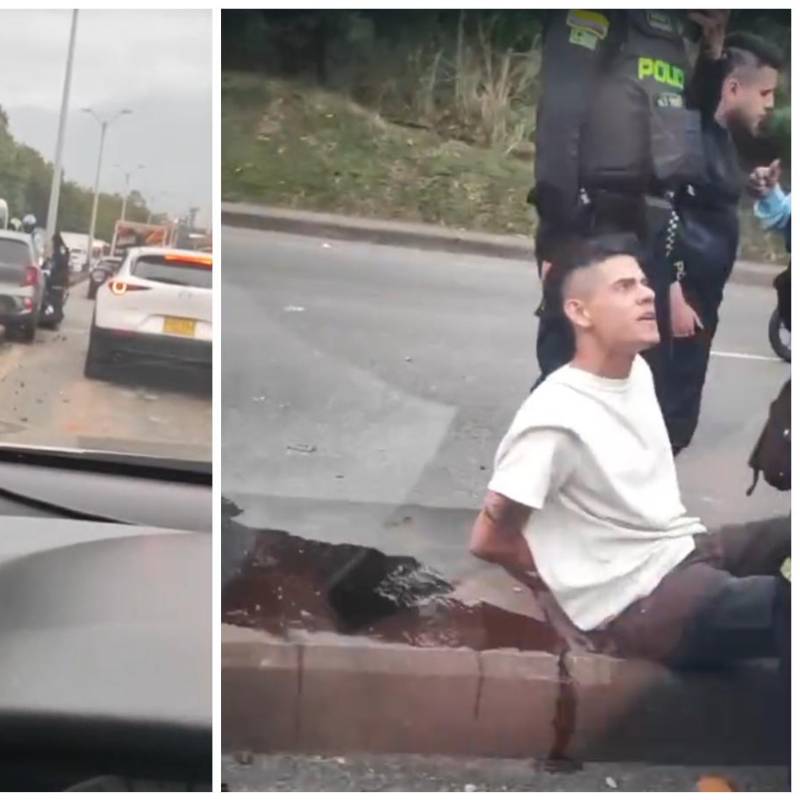 Así quedó el poste, tendido en todo el separado de ambos carriles de la autopista Norte; a la derecha el conductor involucrado. FOTO Denuncias Antioquia.