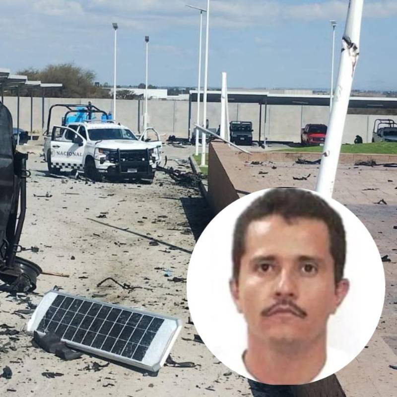 En el fondo, como foto principal, uno de los ataques a una base de la Guardia Nacional mexicana en Jalisco; en la miniatura de la esquina inferior derecha, el capo abatido Nemesio Oseguera. Imágenes tomadas de redes sociales. 