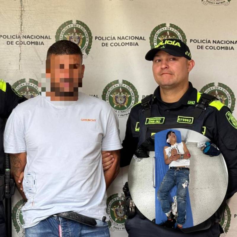 Los dos capturados tras la persecución en Medellín. Uno de ellos quedó lesionado por la caída en la moto. FOTOS Alcaldía de Medellín. 