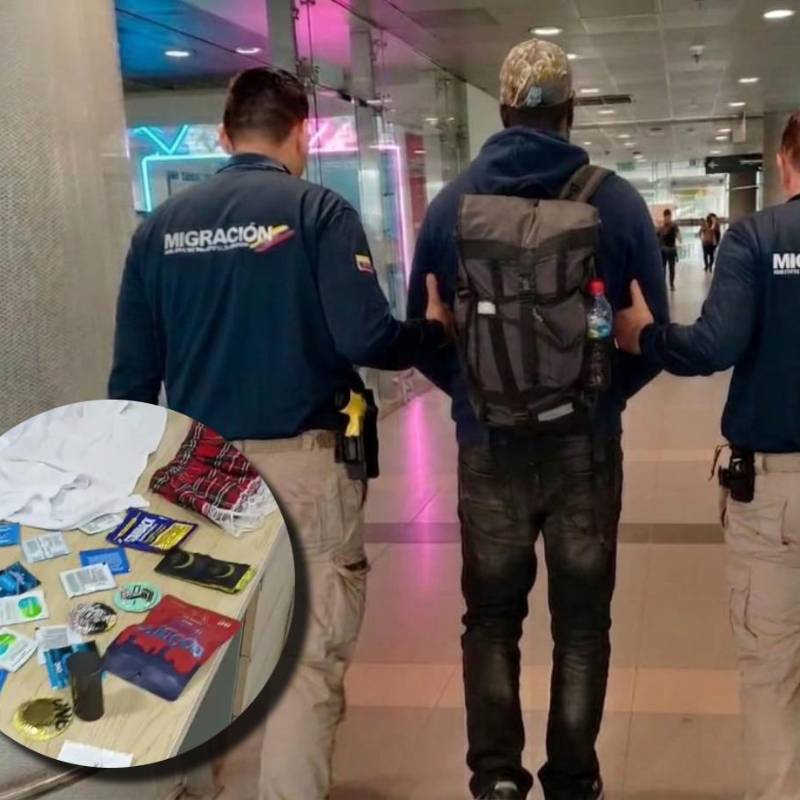 En la imagen principal, el extranjero inadmitido. En miniatura, algunos de los objetos que traía consigo en su equipaje. FOTOS Migración Colombia. 