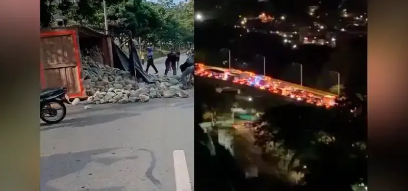 Volqueta cargada de piedras se volcó en Copacabana y causó tremendo caos