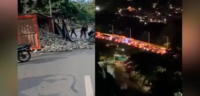 Volqueta cargada de piedras se volcó en Copacabana y causó tremendo caos