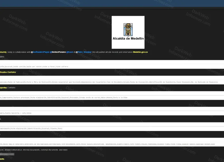 En internet, circularon versiones de un supuesto ataque digial contra el Distrito de Medellín FOTO: Cortesía @DarkWebInformer