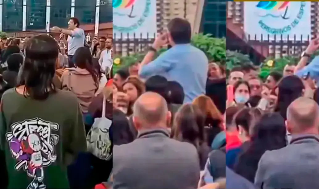 Momento en el que el menor de edad dispara contra el senador y precandidato presidencial Miguel Uribe Turbay en el barrio Modelia, de Bogotá. FOTO: Capturas de video
