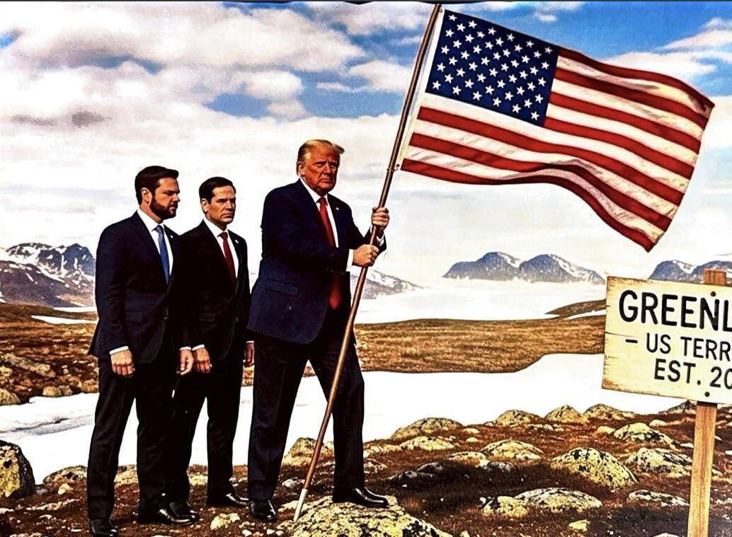 Imagen generada con Inteligencia Artificial y publicada por Donald Trump en su red Truth Social, donde se ve al presidente de Estados Unidos llegando con JD Vance y Marco Rubio a Groenlandia como conquistadores. 