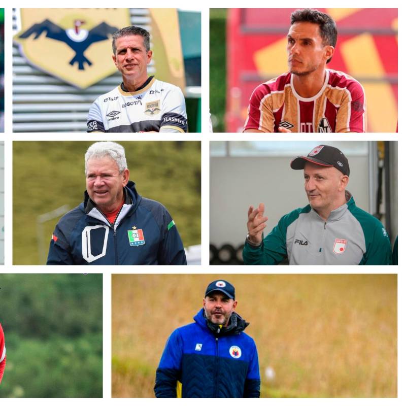 Los ocho técnicos que disputarán los playoffs. De izquierda a derecha y de arriba hacia abajo están Diego Arias, Ricardo Valiño, Lucas González, David González, Hernán Darío Herrera, Pablo Repetto, Alfredo Arias y Jonathan Risueño. FOTOS EL COLOMBIANO Y DIMAYOR