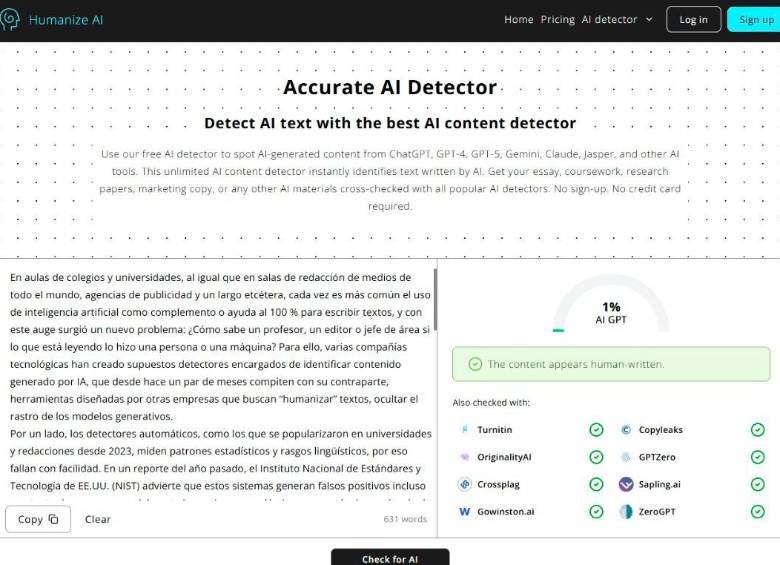 Un detector marcó un 1 % de probabilidad de “texto hecho con IA” un artículo escrito hace años íntegramente por un humano, lo que evidencia los errores de estas herramientas. FOTO EL COLOMBIANO