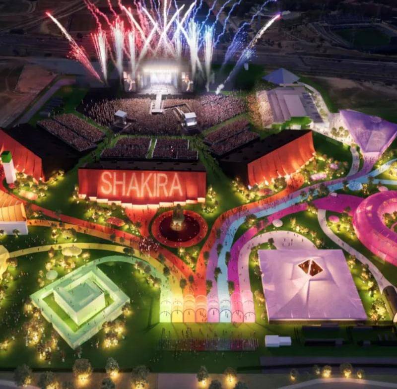 Los espacios de Makondo Park reúnen música, literatura, gastronomía y propuestas culturales inspiradas en el universo de Shakira y la identidad latinoamericana. Foto: Bjarke Ingels Group