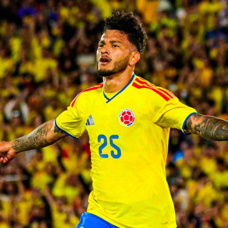 Luis Javier Suárez, delantero colombiano, luciendo la camiseta oficial de la Tricolor, que será la principal para los partidos en el Mundial de Norteamérica. FOTO CORTESÍA FCF 