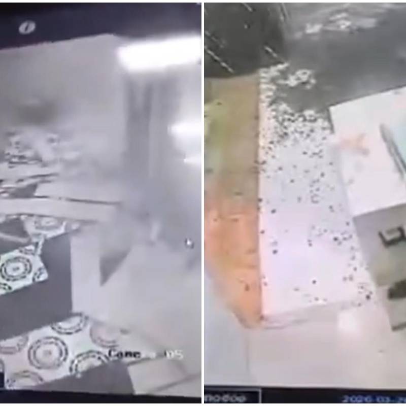 En medio del ataque, dos empleadas del hotel que se encontraban al lado de la puerta se salvaron de ser impactadas por el explosivo. FOTO: Captura de video de redes sociales @luchovoltios y @EltrinoCo