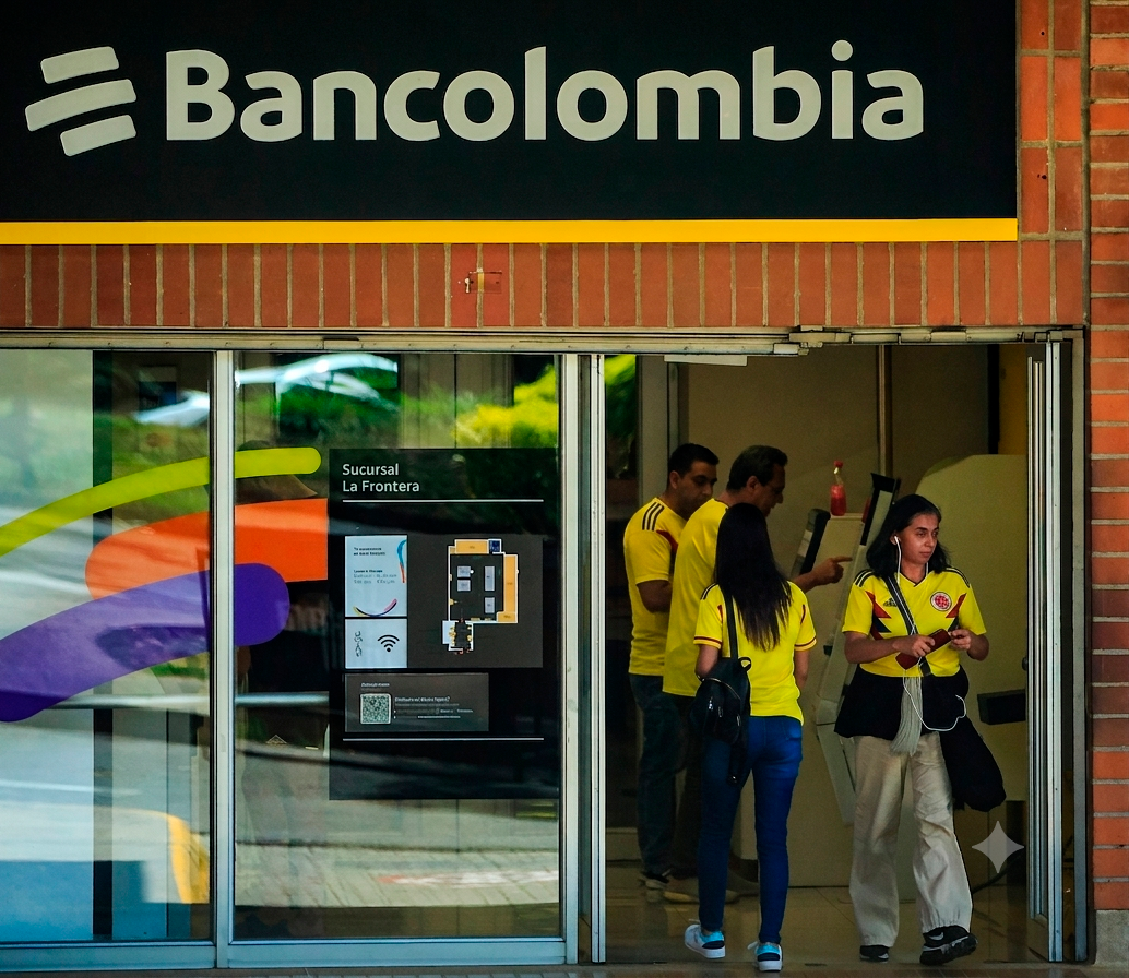 Las 562 sucursales de Bancolombia atenderán en jornada continua hasta las 2:30 p. m. por el partido de la Selección Colombia. FOTO EL COLOMBIANO Y RETOCADA CON IA.