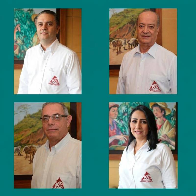 Los miembros principales del Comité de Cafeteros de Antioquia para el periodo 2026-2030 sería: arriba Jorge Hernán Ángel, Iván Arango y Carlos Holguín. Abajo Luis Alfonso Villegas, Ángela Cano y Darío Serna. FOTO cortesía Comité Cafeteros de Antioquia