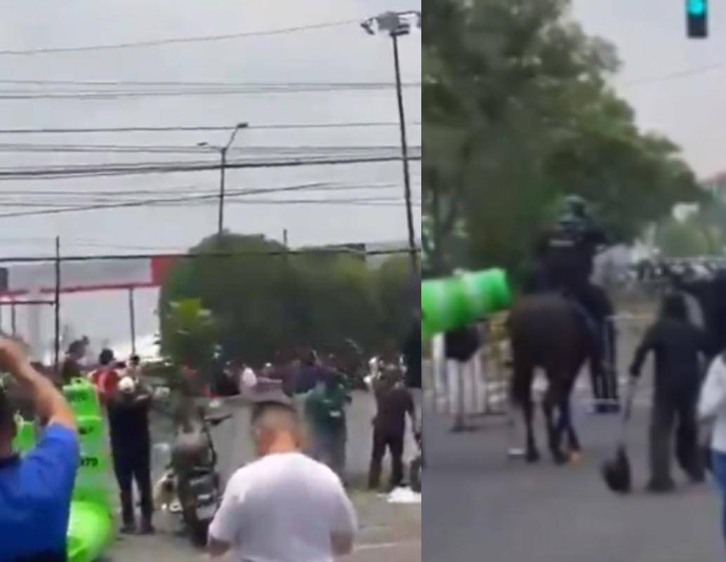Manifestantes y agentes de la policía protagonizaron choques en las afueras del estadio Azteca durante la inauguración del Mundial 2026, en medio de reclamos por mejoras laborales y justicia para las víctimas de desaparición forzada en México. FOTO: Captura de video.