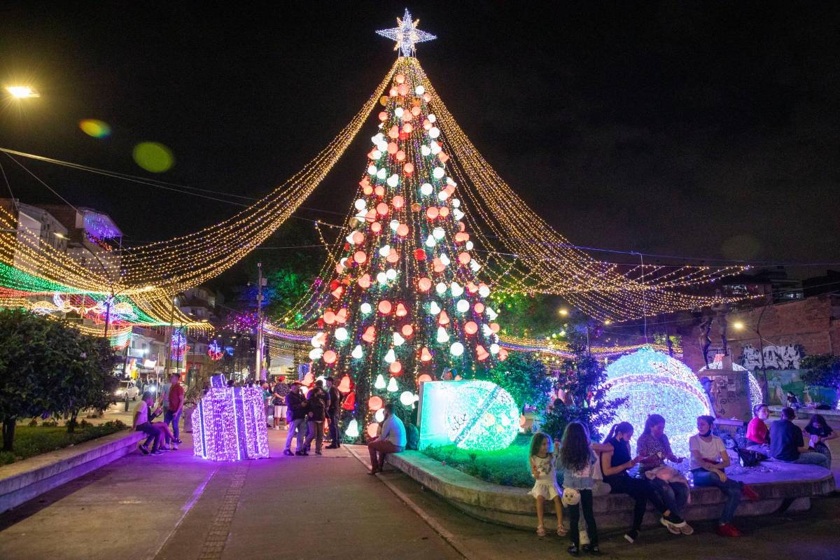Un árbol de 12 metros de alto, que se encuentra en el parque Obrero-Brasil, es una de las principales atracciones del alumbrado. Foto: Edwin Bustamante
