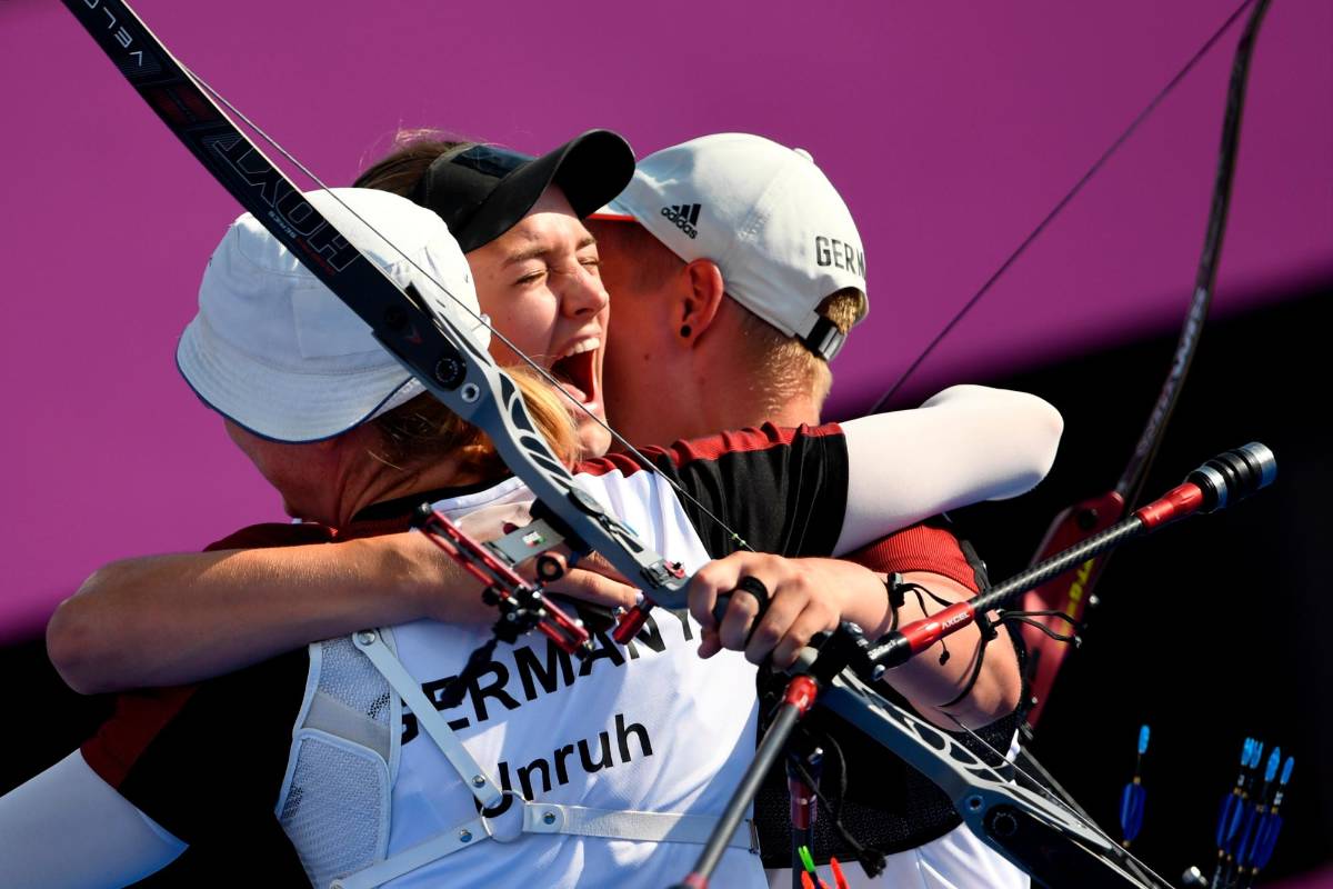 Gestos de alegría en la competencia de tiro con arco, Equipo Mujere en Juegos Olímpicos, en el Yumenoshima Park Archery Field. Oro para Corea del Sur. Foto Getty Images