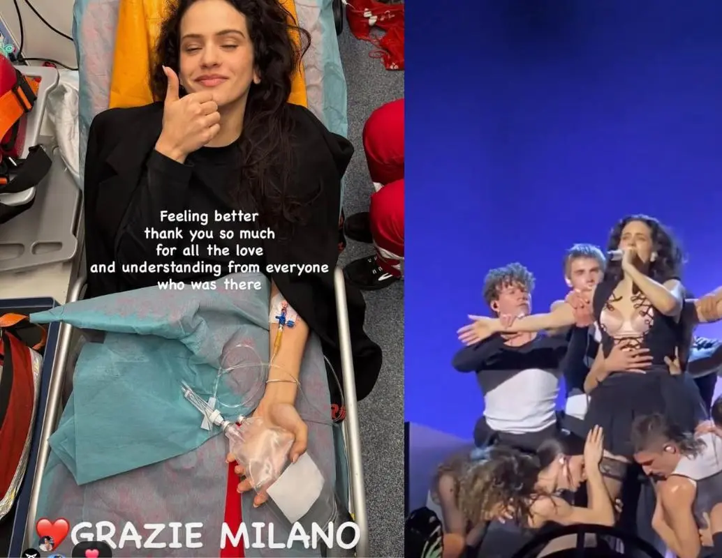 Rosalía publicó una imagen desde una cama hospitalaria horas después de abandonar el escenario en Milán por una intoxicación alimentaria. FOTOS: Tomadas de redes sociales 