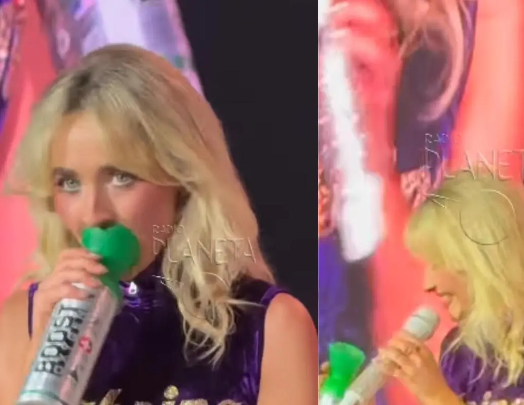 Sabrina Carpenter utilizó oxígeno durante su concierto en Bogotá debido a los efectos de la altura, sin detener su presentación. FOTO: captura de video/ Radio Planeta.
