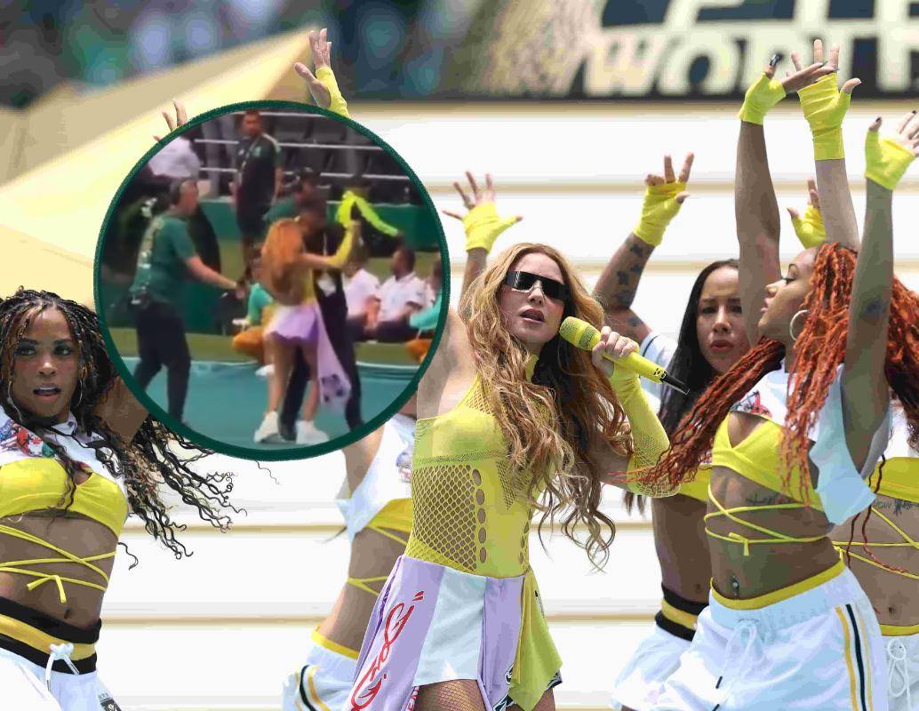 Tras estrenar en vivo el himno oficial del Mundial 2026, Shakira protagonizó un momento viral al quedarse bailando merengue en plena cancha. FOTO: AFP, redes sociales.