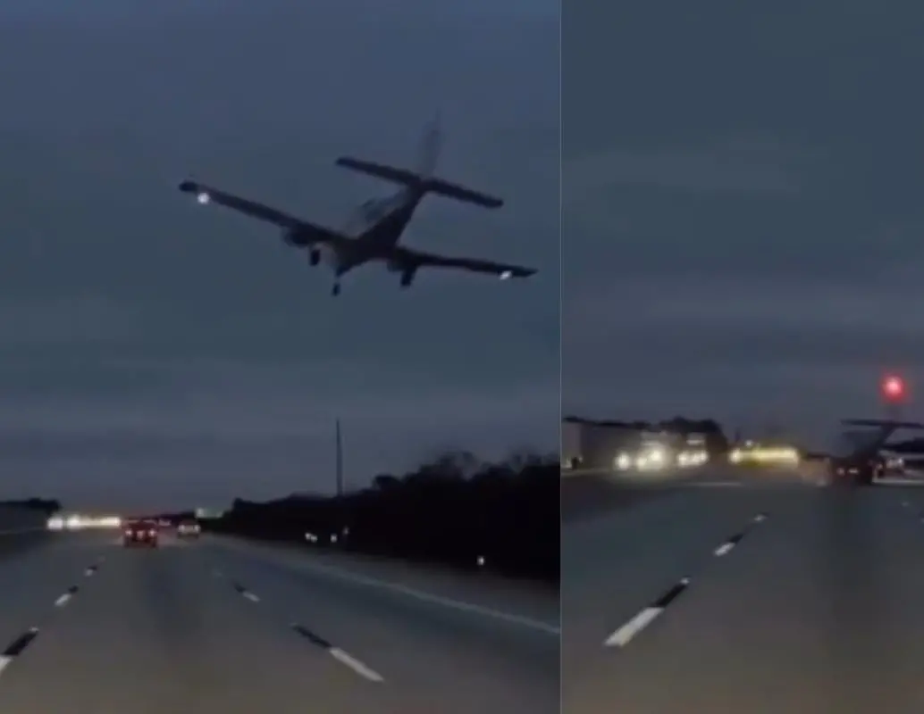 Avioneta quedó sobre la Interestatal 95 tras un aterrizaje de emergencia que terminó en colisión con un vehículo en Florida. FOTO: captura de video. 