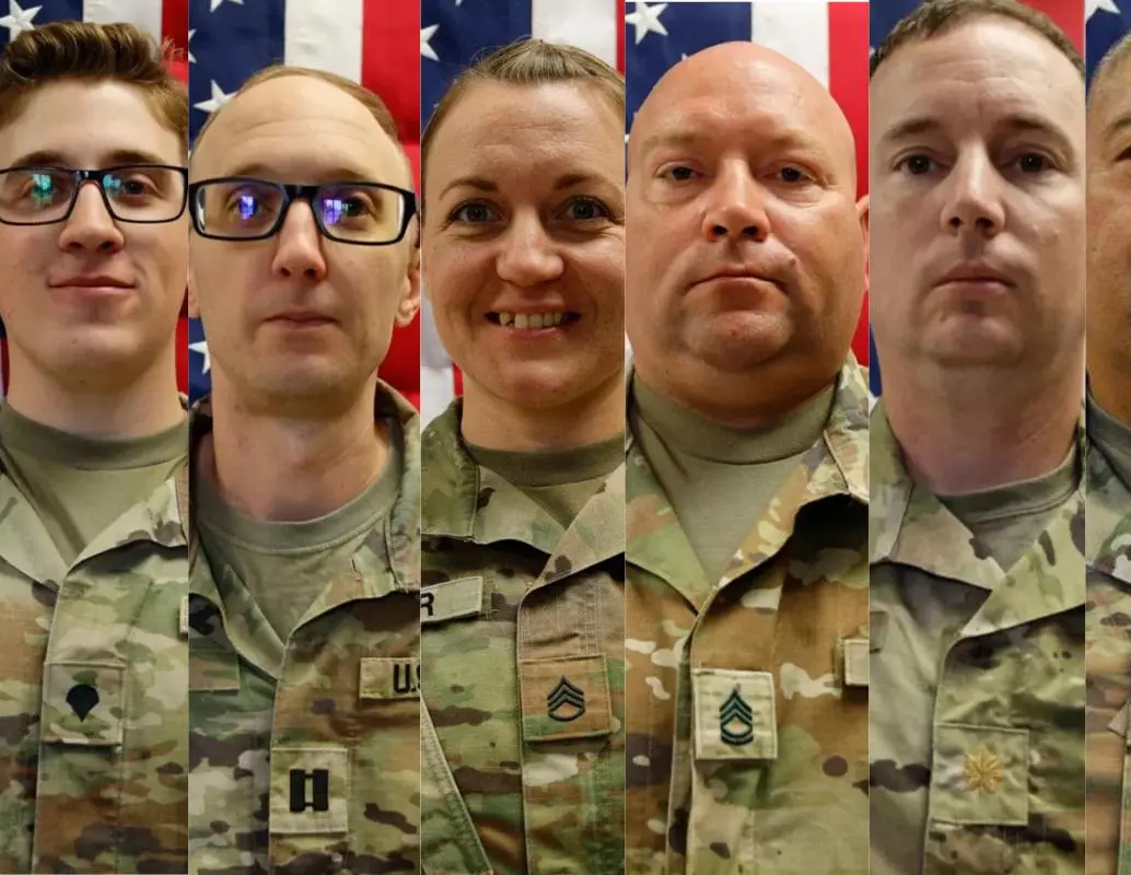 Declan Coady (20), Cody Khork (35), Nicole Amor (39), Noah Tietjens (42), Jeffrey O’Brien (45) y Robert Marzan (54), los seis militares estadounidenses muertos en el ataque iraní contra una instalación en Kuwait, en el segundo día de operaciones de la guerra con Irán. FOTO: Ejercito de Estados Unidos. 